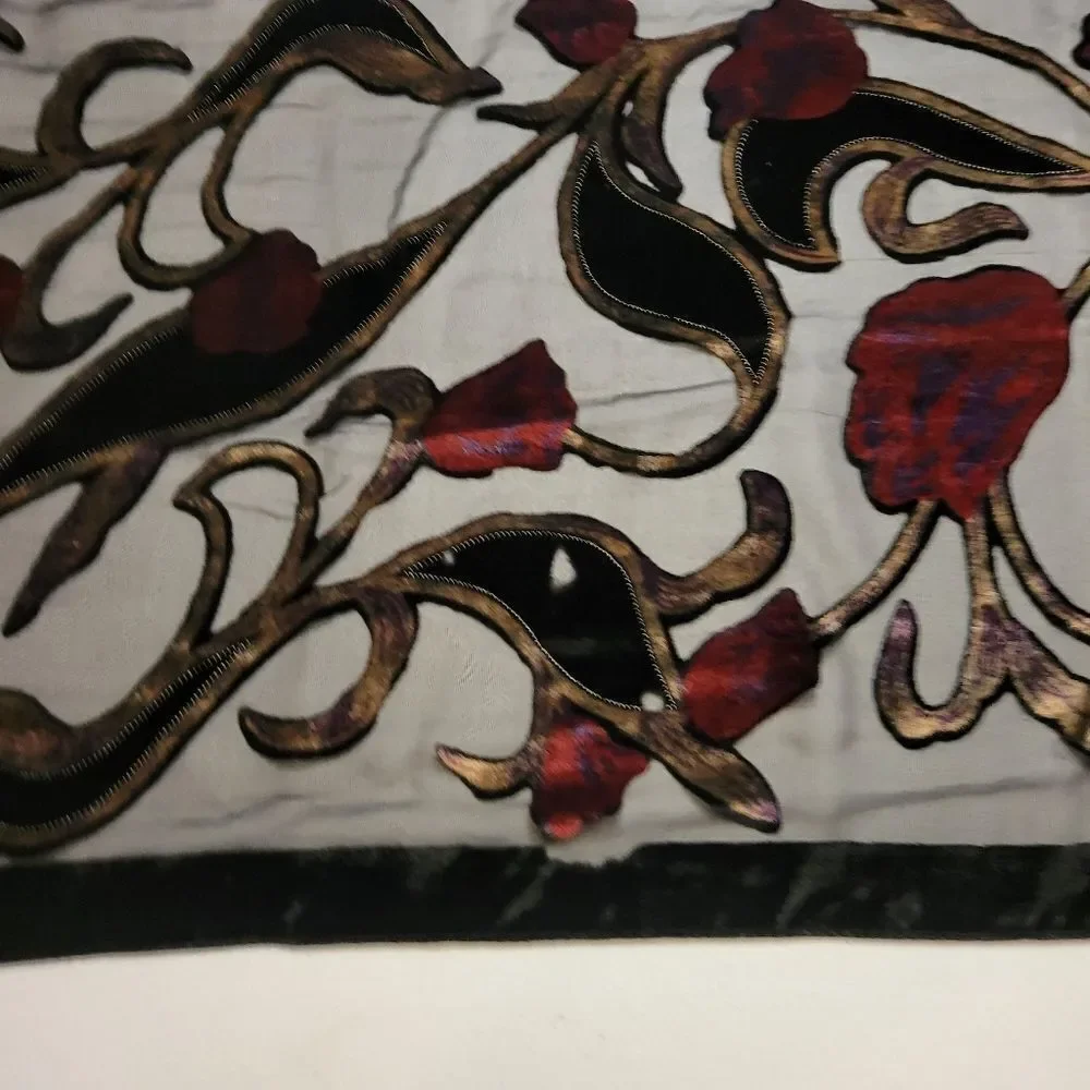 Burnout Velvet Black and Red Floral Scarf with Genuine Fur Pompoms